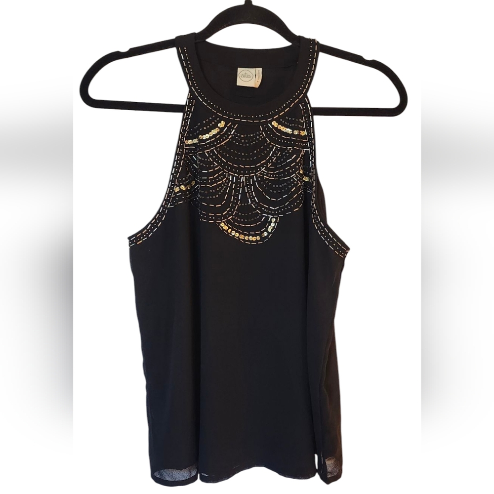 CLOSET CLEAROUT Paper Crane Sequins Black Sleeveless Tank Top Shirt, Size Medium